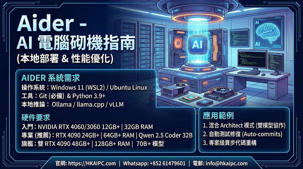 Aider - AI電腦砌機指南:Aider 本身為輕量級 Python 命令列 CLI 工具,但它能彈性連結 雲端 API(如 Claude 3.7 Sonnet、GPT-4o、DeepSeek-R1/V3) 或 本地 LLM 模型(透過 Ollama / llama.cpp 運行 Qwen 2.5/3 Coder、DeepSeek-R1 32B 等)。為了發揮 Aider 最佳效能並保護企業程式碼隱私,為其打造一部專用的 AI 電腦(Local AI Workstation) 尤為關鍵。