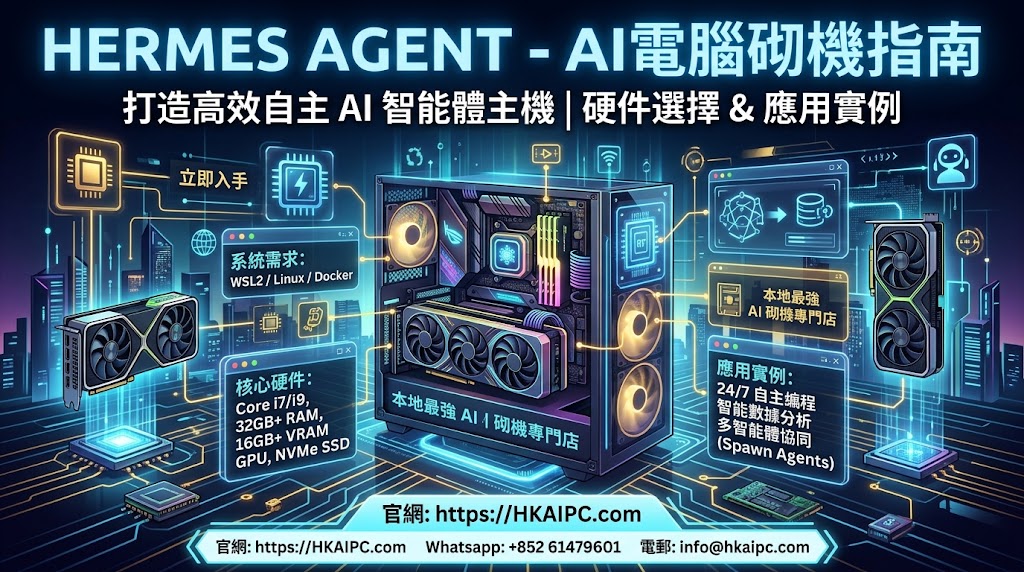 Hermes Agent - AI電腦砌機指南:由於 Hermes Agent 需要在本地或雲端環境運行容器沙箱(Docker)、執行多線程 Python/Node.js 任務、調用向量資料庫(FTS5/嵌入檢索),甚至搭配本地 LLM(如 Ollama / vLLM)進行大模型推理,對電腦硬件的多核算力、記憶體容量與高速儲存均有相當要求。
