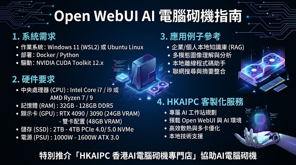 Open WebUI - AI電腦砌機指南:Open WebUI 是目前最受歡迎的自託管(Self-Hosted)AI 平台介面,具備與 ChatGPT 相似的直覺式操作體驗,並支援權限管理、多模型切換、RAG(檢索增強生成文件問答)、圖像生成(ComfyUI/Stable Diffusion)及網頁搜尋等功能。要打造一套能順暢執行 Open WebUI 及本地大語言模型(LLM,如 Llama 3、Qwen 2.5、DeepSeek 等)的 AI 電腦,硬體配搭的核心在於 顯存(VRAM) 與 系統記憶體(RAM)。