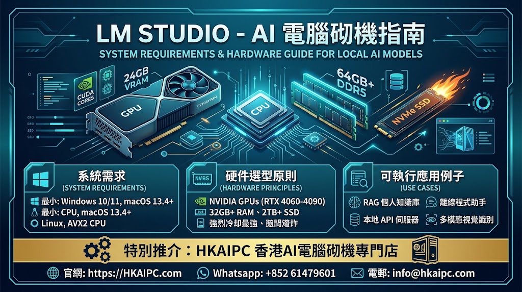 LM Studio - AI電腦砌機指南:LM Studio 是目前最受歡迎的本地大語言模型(LLM)運行工具之一,支援離線下載、載入及部署 GGUF 格式的模型。要讓 AI 運算流暢(達到更高的每秒 Token 輸出速度,即 t/s),硬件的挑選(特別是 GPU 顯存與系統記憶體頻寬)至關重要。以下為您整理詳細的系統需求、硬件選型策略及實際可執行的 AI 應用範例。