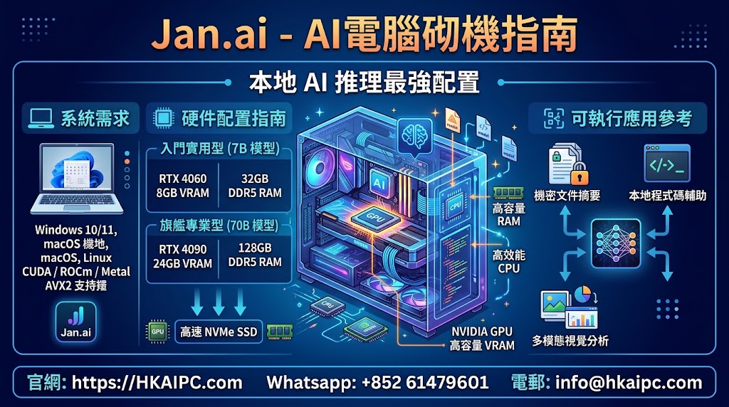 Jan.ai - AI電腦砌機指南:Jan.ai 是一款開源且 100% 本地運行的 AI 桌面應用程式,主打隱私安全、無須聯網即可調用大語言模型(LLM)。要讓 Jan.ai 順暢執行 7B、14B 甚至 70B 的本地模型,核心關鍵在於顯示卡顯存(VRAM)與系統記憶體(RAM)的搭配。