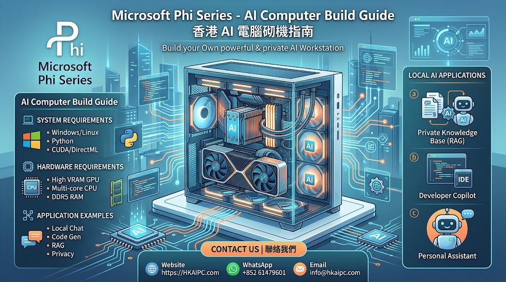 Microsoft Phi 系列 - AI電腦砌機指南:Microsoft 開發的 Phi 系列(如 Phi-3、Phi-4 及 Phi-4 Mini / Multimodal)是目前市場上效率極高的 SLM(小語言模型)與中型模型。Phi 系列具備「小體積、高推理能力」的特性,能在消費級硬件上實現流暢的本地(Local AI)私有化部署。本指南將全面拆解執行 Phi 系列模型的系統需求、硬件選型建議以及常見的應用情境。