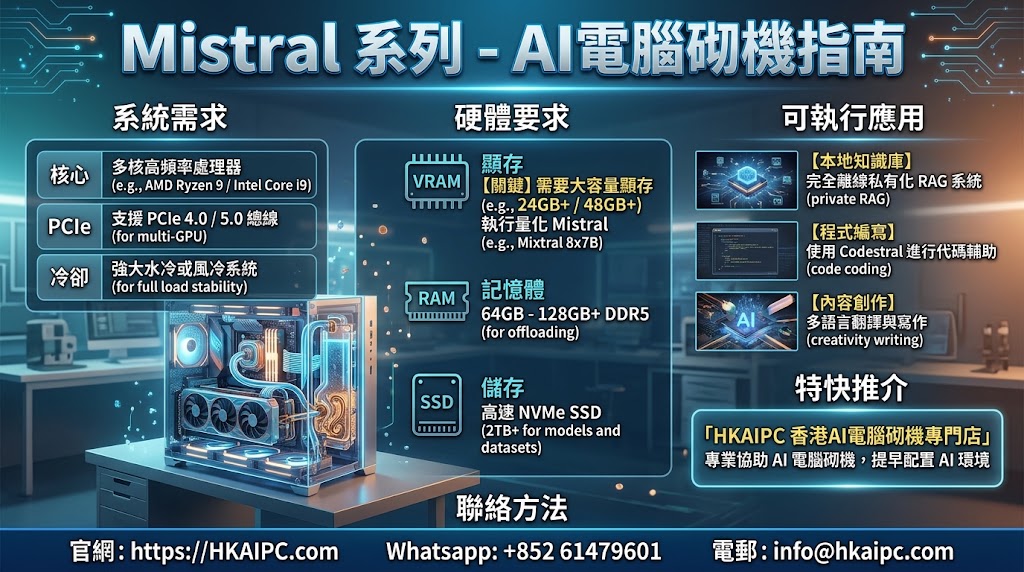 Mistral 系列 - AI電腦砌機指南:Mistral 系列模型(如 Mistral 7B、Mixtral 8x7B、Codestral、Mixtral 8x22B 等)以高效率、開源及強大的推理能力著稱。要順暢運行 Mistral 模型,AI 電腦的顯存 (VRAM) 與系統記憶體 (RAM) 是最關鍵的硬體指標。