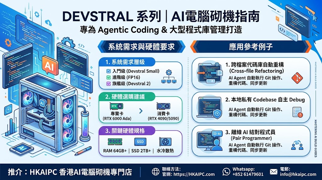 Devstral 系列 - AI電腦砌機指南:Devstral 系列(如由 Mistral AI 開發的 Devstral 2 / Devstral Small 2)是專為 Agentic Coding(代碼智能體) 與大型程式庫(Codebase)管理 所打造的高效能 AI 模型。它具備極強的原生工具調用能力,能自主跨文件閱讀程式碼、重構、修復 Bug 並自動生成 PR。