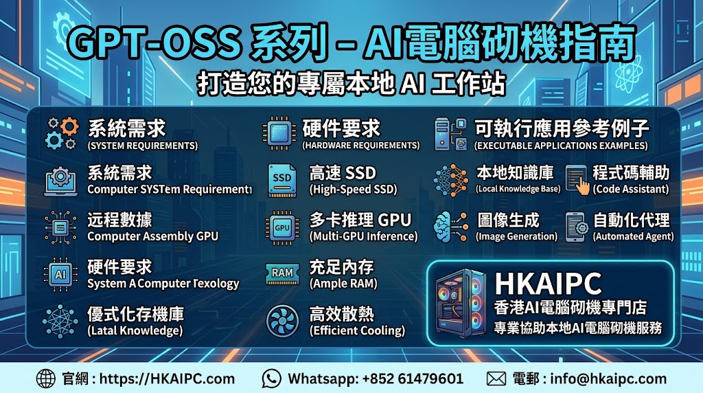 gpt-oss 系列 - AI電腦砌機指南:gpt-oss(如 OpenAI 開源的 GPT-3.5 級別微調模型、LLaMA-3、Mistral、DeepSeek-R1-Distill 及 Qwen 系列等)運行開源大語言模型對電腦硬件(特別是顯示卡顯示內存 VRAM 及系統內存 RAM)有著明確的要求。本指南將為你詳細拆解組裝一套高效率 AI 電腦的硬件選型與操作流程。