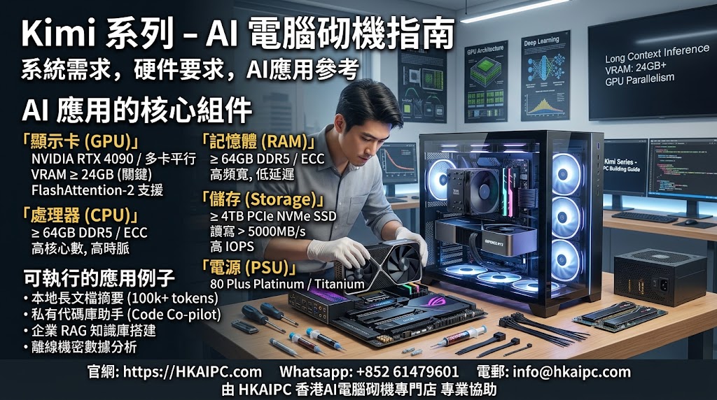 Kimi 系列 - AI電腦砌機指南:本地部署 Kimi 系列 LLM(Moonshot AI / Kimi-k1.5、Moonlight 混合專家模型及 Kimi 衍生開源架構) 能實現極高數據隱私、無API呼叫限制以及低延遲的本地推理。Kimi 類型的模型具備超長上下文處理(Long Context)與強大的長文本推理能力,對於電腦的記憶體容量與 GPU 顯存(VRAM)需求較一般模型更高。