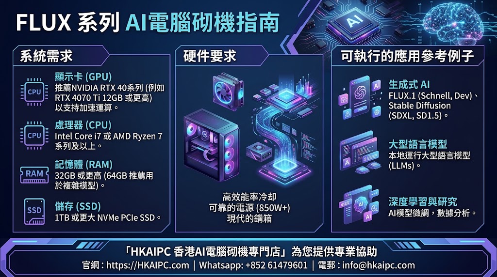 FLUX 系列 - AI電腦砌機指南:由於 FLUX 的模型體積顯著大於傳統 Stable Diffusion 1.5 或 SDXL,對硬件(特別是顯示卡顯存 VRAM 及系統記憶體 RAM)的要求大幅提升。本指南將為你詳細拆解運行與訓練 FLUX 系列所需的電腦硬體規格配置與實際應用情境。