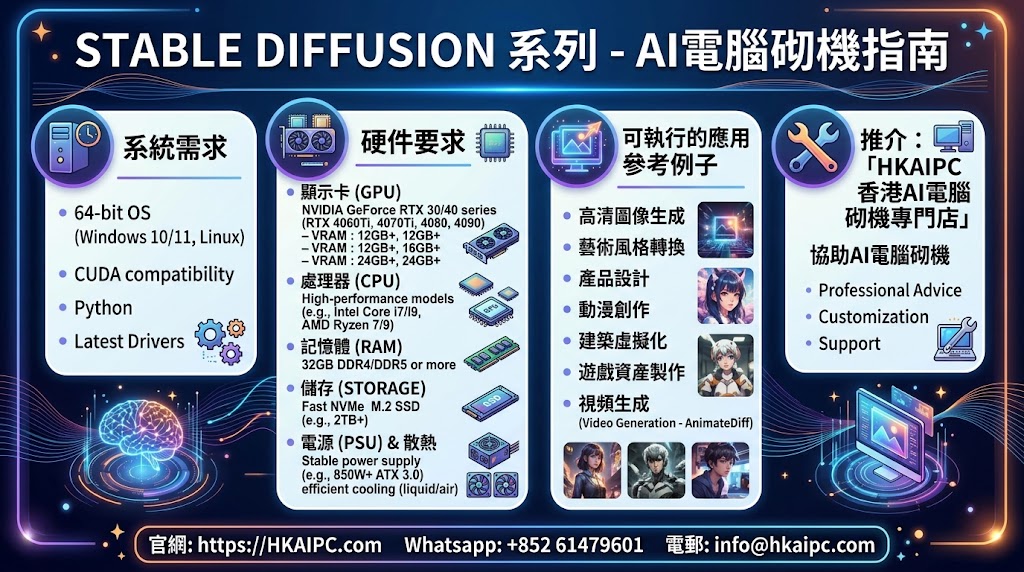 Stable Diffusion 系列 - AI電腦砌機指南:在 AI 繪圖與視覺生成領域,Stable Diffusion(包括 SD 1.5、SDXL、SD3.5 及 Flux 等模型)因其高度開源、自由度高且支援強大外掛(如 ControlNet、LoRA、AnimateDiff),成為設計師、動漫創作者與數位行銷團隊的首選工具。由於 AI 生成需要龐大的平行運算能力與顯示記憶體(VRAM),配置一台合適的「AI 電腦」能顯著減少算圖時間並大幅提升生成解析度。