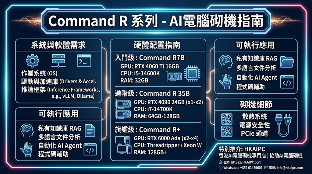 Command R 系列 - AI電腦砌機指南:「Command R 系列 - AI電腦砌機指南」,針對 Cohere 旗下的本地大語言模型(如 Command R7B、Command R 35B、Command R+ 104B 及最新推理架構)提供具體的硬體選配與系統規劃指南。